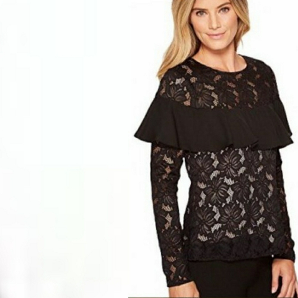 NWT Ivanka Trump Black Lace Ruffle Trim Blouse